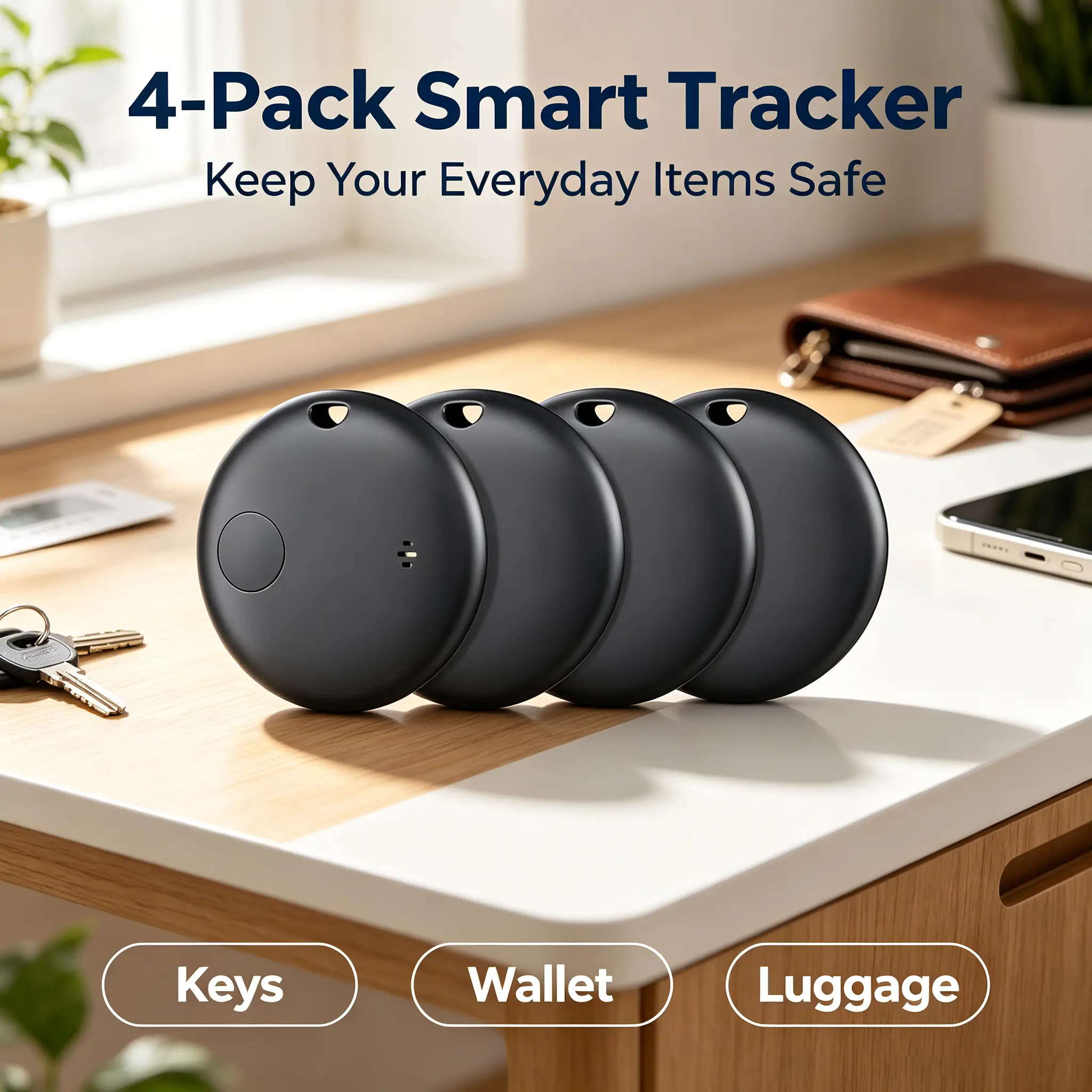 4-Pack Smart Tracker, Works with Apple Find My, Waterproof, Replaceable Battery Bluetooth Key Finder for Keys, Luggage, Bags | KUKIHO