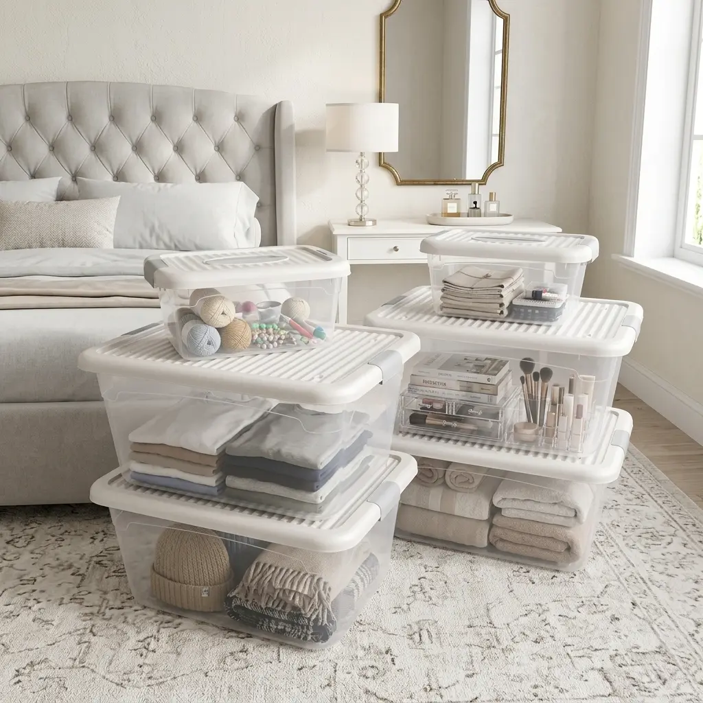 Large Storage Box with Lid, Wheels & Carry Handles, Stackable Plastic Organizer Bin for Clothes, Toys, Blankets, Closet & Bedroom
