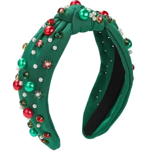 Pearl Knotted Headband, Women Rhinestone Embellished Hairband Elegant Wide Top Knot Bride Headbands Headpieces Party Fashion Elegant Ladies Hair Band Hair Hoop Accessories (Christmas Green)