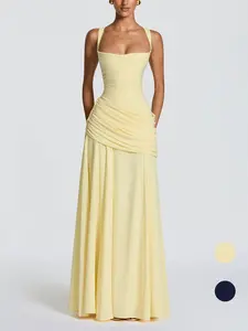 Women's Plain High-Waisted Slim-Fitting Dress, Casual Sleeveless Long Dress, Elegant Square Neck Pleated Sexy Fashion Dress