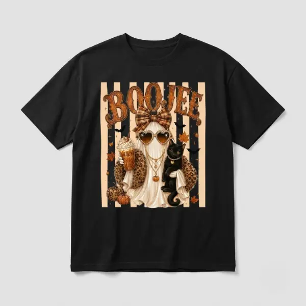 Funny Ghost Coffee Graphic Boxy Tee, Leopard Halloween Crop Top, Black Cat Spooky Fall Shirt Gift for Women