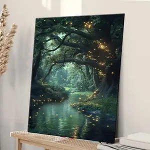 A poster wrapped on canvas depicting a mysterious forest with ancient trees and twinkling fireflies, featuring modern-style decorative poster suitable for modern rooms, home bedrooms, and indoor wall decoration.