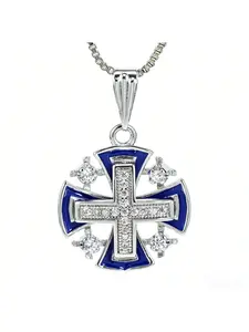 Jerusalem Crusaders Cross Black Enamel Crystals Pendant Necklace,Elegant Religious Christian Gift for Women