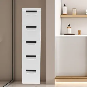 5 Drawers Narrow Slim Plastic Storage Cabinet,Storage Drawer with 4 Wheels,5 Tier Drawers Dresser,White