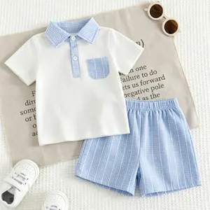 Toddler Baby Boy Summer Clothes Lapel Collar Short Sleeve Romper and Plaid Elastic Waist Shorts Sets Summer Outfit
