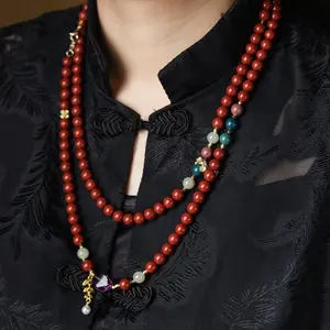 Women's He Xiang Zhu Purple Gold Crystal Necklace, New Chinese Style National Trend Accessory, Niche Design Pendant Long Necklace