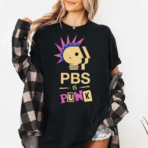 PBS Is Punk Shirt, PBS shirt, Funny Punk Rock Parody Tee with Spiky Hair & Safety Pins, Public Broadcasting Defender Shirt for Rebels Cotton Top Black