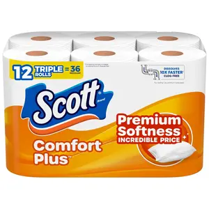 Scott ComfortPlus Toilet Paper, 12 Triple Rolls, 231 Sheets per Roll, Septic-Safe, 1-Ply Toilet Tissue