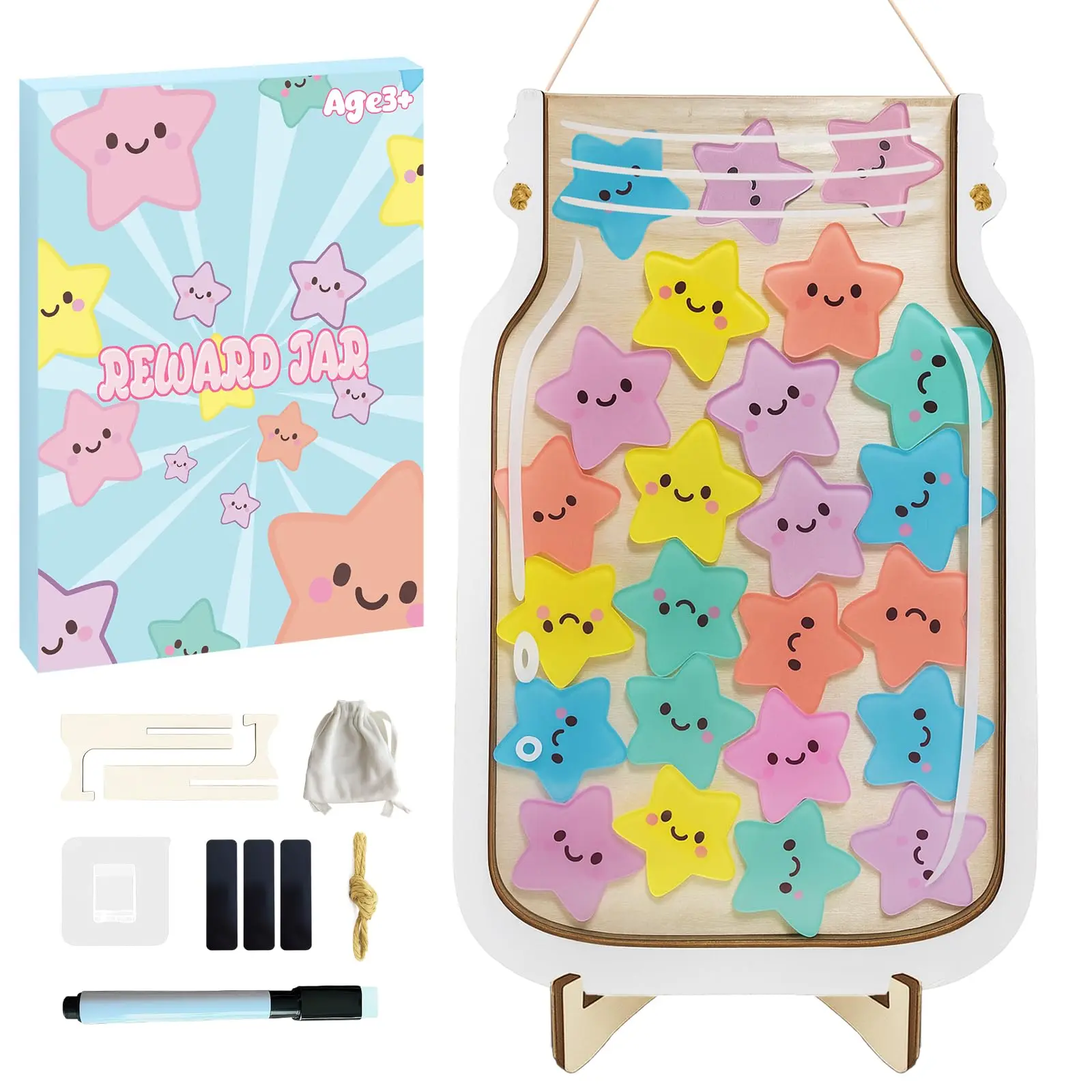 Magnetic Reward Jar for Kids - 1 Pack Solid Durable Natural Wood Acrylic (8.46in x 6.3in), Bright Motivational Hanging Wall Mount Design with 24 Colorful Stars, Classroom Reward Supplies