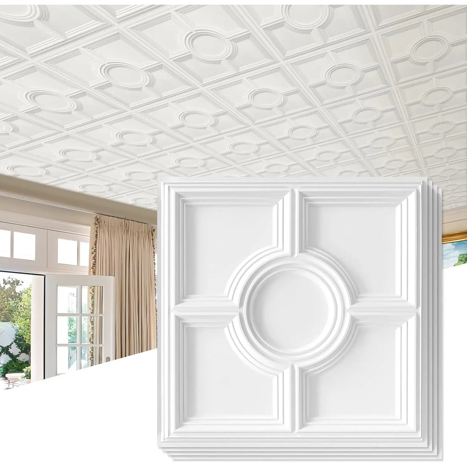 24x24in White Synthetic Fireproof 3D Design PVC Drop Ceiling Tiles - Lightweight, Flexible, Waterproof, Long-Lasting, Breakage-Resistant, Commercial Pack of 12 (Covers 48 Sq. Ft) for Ceiling or Wall Decoration, Restaurants