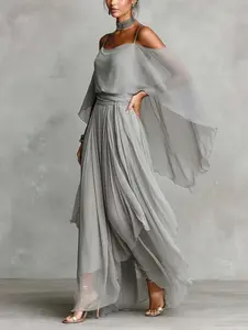 Women's Elegant 2 Piece Chiffon Pantsuit Set - Cold Shoulder Cape Top & High Waist Flowy Wide Leg Palazzo Pants for Wedding Guest, Evening Party