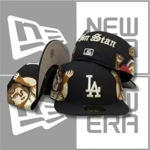New Era Los Angeles Dodgers 59FIFTY Fitted Cap – Grey “Jon Stan” Script, Angel Graphic Embroidery, White LA Logo, Unique Streetwear MLB Hat, Flat Brim Premium Unisex Cap