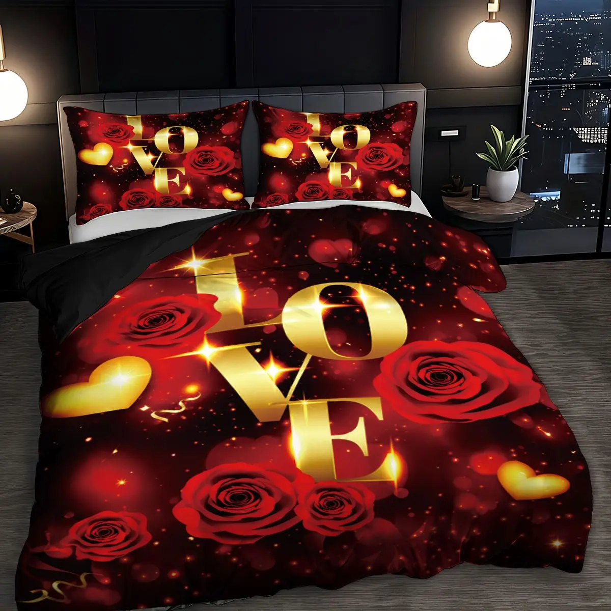 3-piece bedding set, Decorative Theme Bedding Set (1 duvet cover + 2 pillowcases, no insert) Romantic red rose LOVE heart print duvet cover set, soft and comfy bedding set, room decor, suitable for all seasons, perfect as a gift, Bed Sets
