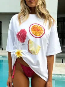 Women's Milk Silk Fabric T-Shirt, Round Neck Short Sleeve, Raspberry Pineapple Pattern, Casual Fashion, Outdoor School Daily Wear