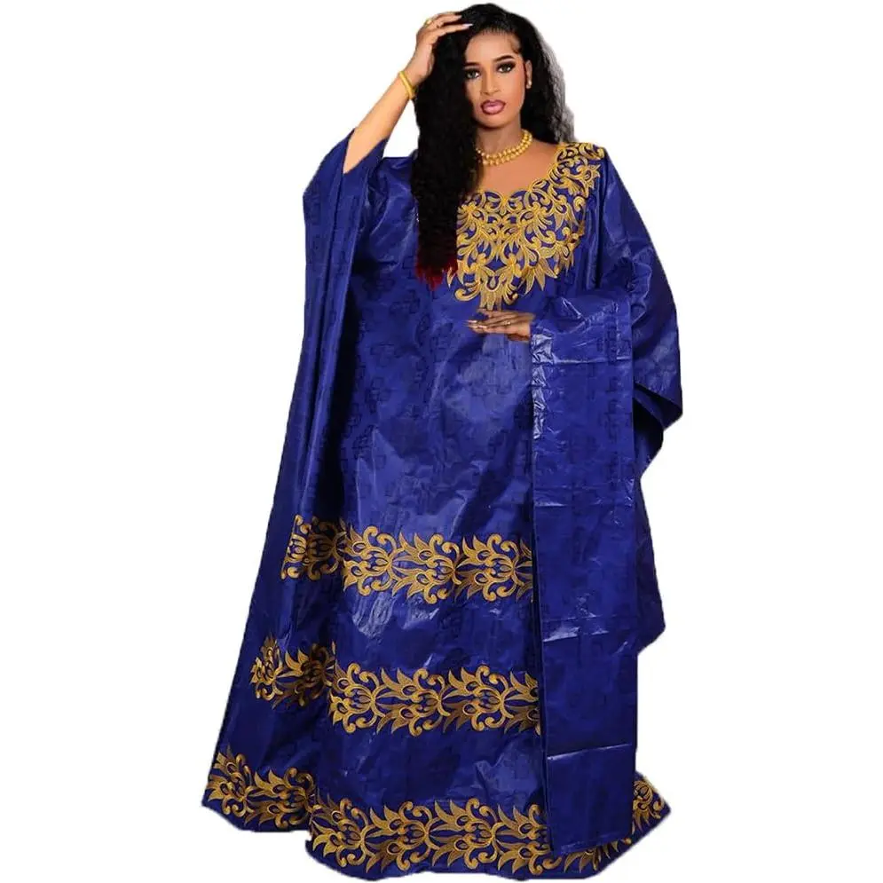 African Bazin Couple Clothes Traditional Embroidery Boubou Caftan Matching Gwon for Woman