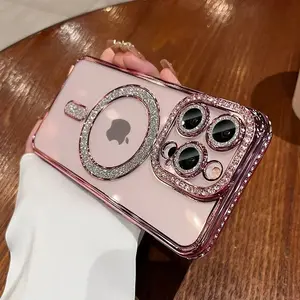 For iPhone 15 Pro Max Luxury Magsafe Magnetic Plating Flash Diamond Phone Case For iPhone 11 12 13 14 Plus Lens Rhinestone Cover