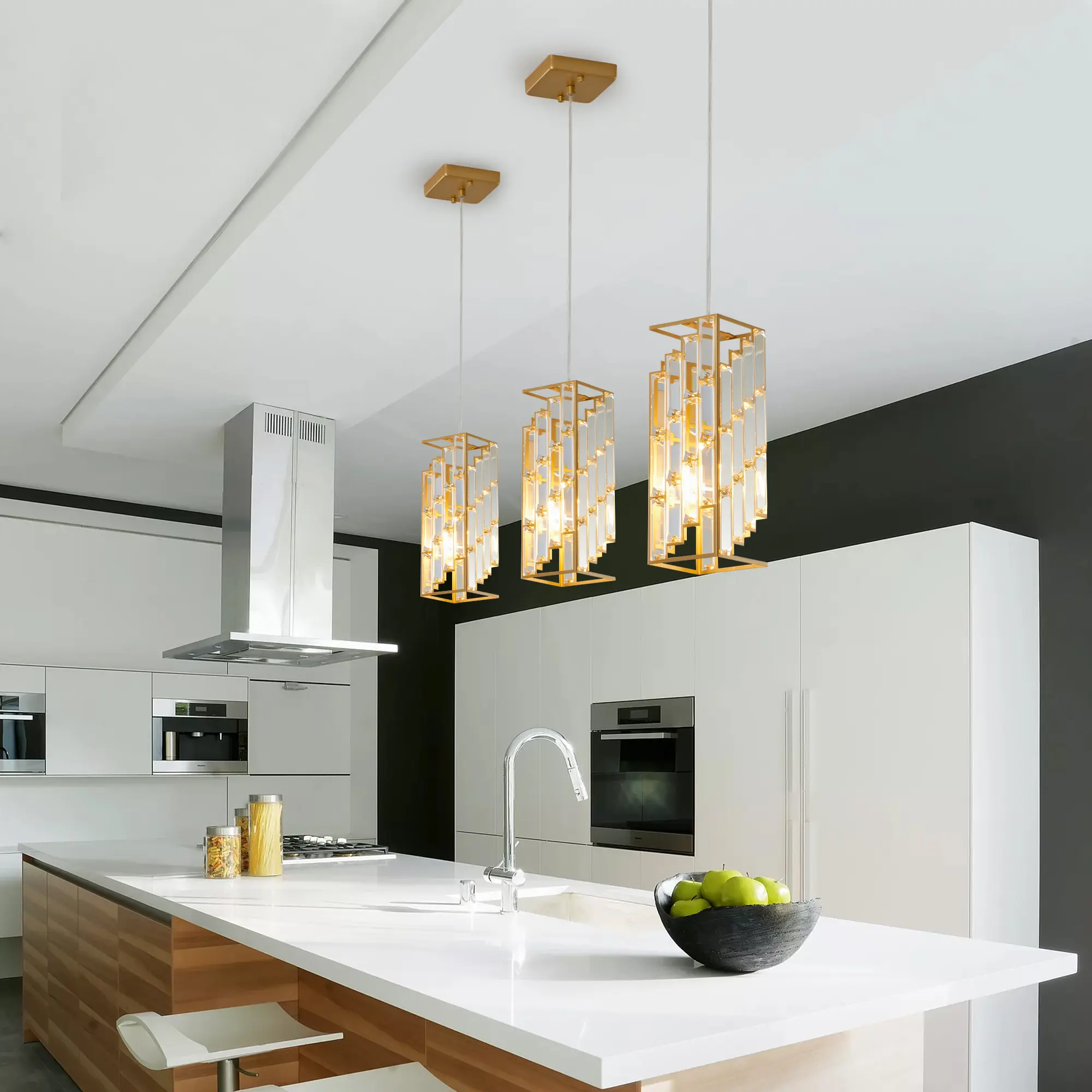 Modern Gold Geometric Crystal Refraction Pendant Light, Adjustable Height Hanging Lamp for Kitchen Island