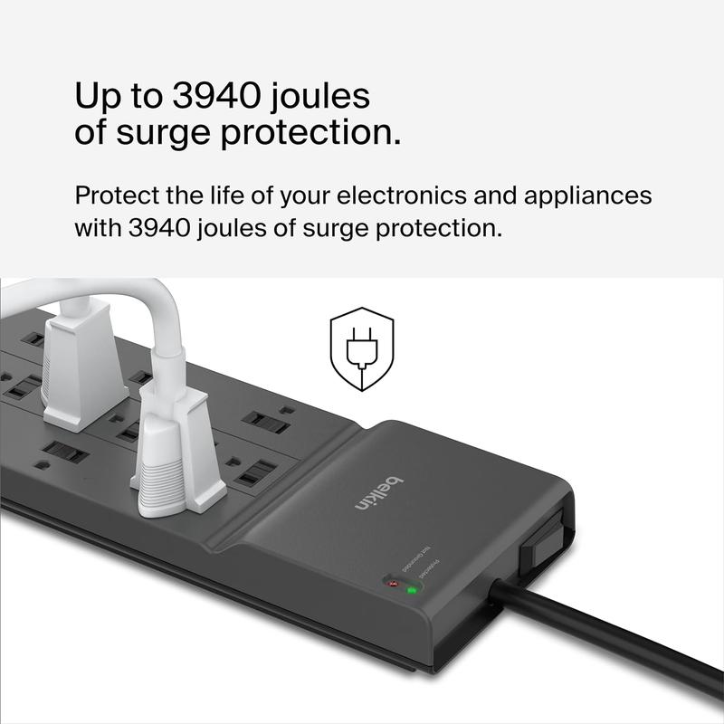 Belkin 12-Outlet Surge Protector Power Strip W/ 12 AC Outlets & 8Ft Flat Plug, Ul-Listed Heavy-Duty Extension Cord for Home, Office, Travel, Computer, Laptop, Charger - 3,940 Joules of Protection