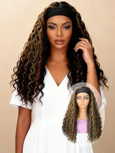 22-Inch Wavy Synthetic Wig with Headband — Black & Brown Ombré. This heat-resistant fiber wig is designed for women's daily wear, making it perfect for everyday use, parties, music festivals, and cosplay, while offering a natural appearance.