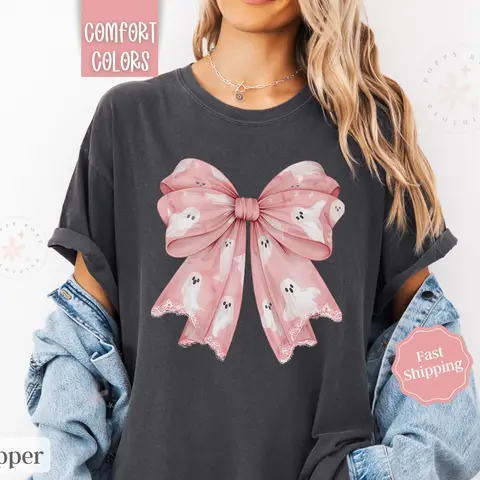 Ghost Bow Shirt Comfort Colors, Coquette Halloween Tshirt,  October Vibes Shirt for Women Oversized Crewneck Tee