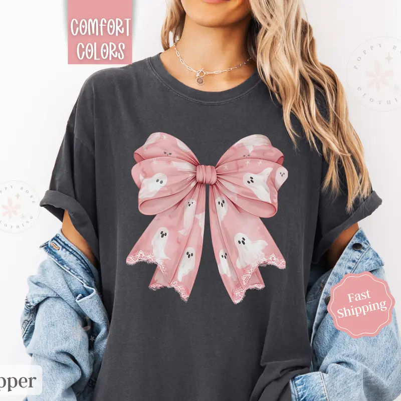 Ghost Bow Shirt Comfort Colors, Coquette Halloween Tshirt,  October Vibes Shirt for Women Oversized Crewneck Tee
