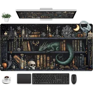 Black Desk Mat Gaming Desk Pad Large Mouse Pad, Mysterious Library Mouse Mat XXL Laptop Keyboard Pad, Vintage Gamer Mouse Pad Full Desk Mousepads Cool Office Desk Accessories 31.5"x15.7"