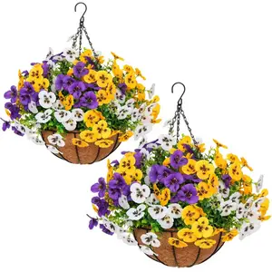 2pcs Artificial Hanging Pansy Baskets with 24 Realistic Pansies & Eucalyptus - UV-Resistant Outdoor/Indoor Decor for Porch, Patio, Balcony, Yard - Includes Hanging Baskets & Greenery