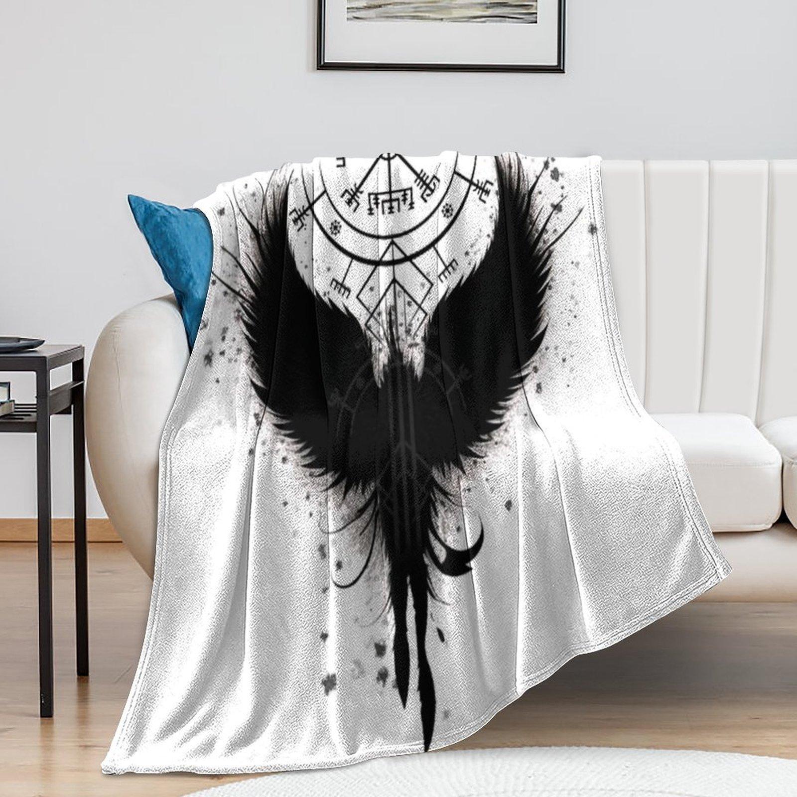 Viking Vegvisir Raven Fleece Blanket, Norse Mythology Black Crow Wings Print Soft Cozy Throw, Gothic Pagan Witchy Home Decor Gift for Couch Bed