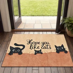 Cute Black Cat Doormat Hope You Like Cats Design Entrance Mat for Front Door Kitchen Floor Mat with Funny Cat Face and Paw Print Home Decorative Rug