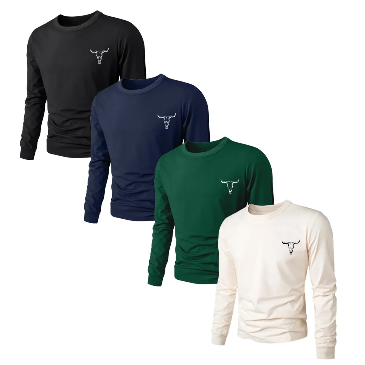 Men's Casual Solid Plain Long-Sleeve Round Crewneck T-Shirt 3-Piece Set - Menswear Streetwear Top with Signature Bull Head Design, All-Day Softness, Gifts for Him, Shirts for Father's Day, Men's T Shirts