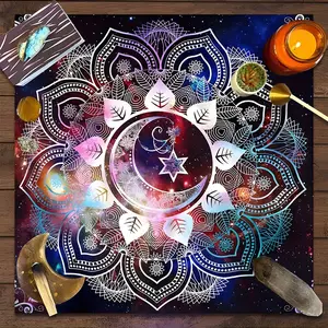 Mystical Celestial Moon Mandala Design Square Tarot Tablecloth, Witch-style home decor Altar Cloth Multiple Sizes Polyester Fabric, Easy to Clean and Maintain Decorative Divination Cloth for Spreads & Rituals Gift for family and friends