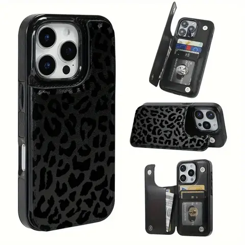 Trendy Black Leopard Print Wallet Card Holder Phone Case For Iphone 18 17/16/15/14/13/12 Pro/Plus/ProMax/Air，For Galaxy S25 Ultra,S24,S23,S22,S21,S20,A，PU Leather Shockproof Protection With Card Slots & Cash Compartment, Accessories, Fits