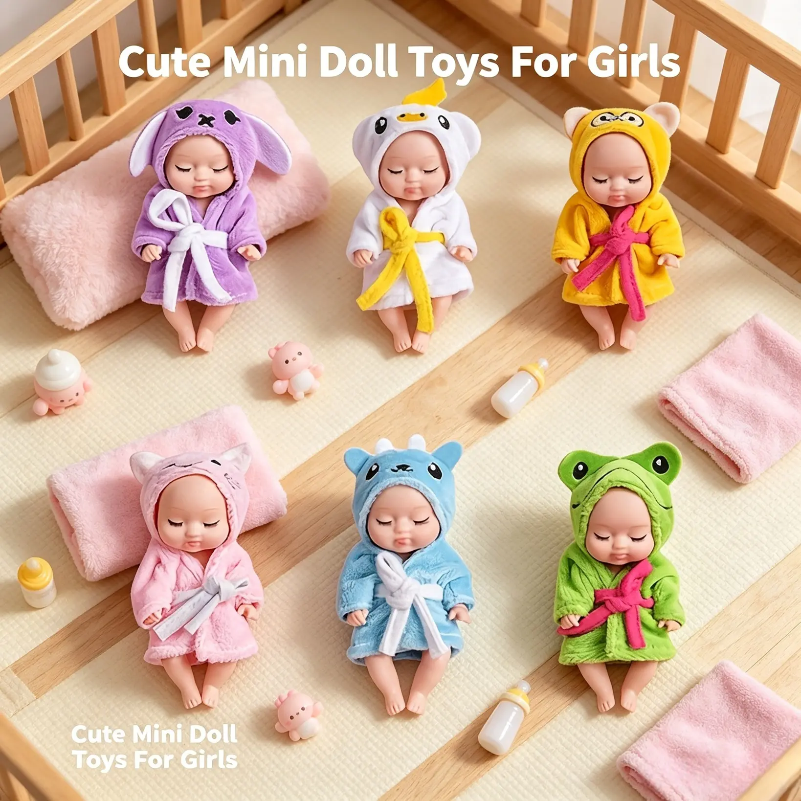 6 Pieces Animal Bathrobe Mini Sleeping Doll Gift Box, Soft Tiny Vinyl Baby Doll Pretend Play Toy for Kids Birthday Party Favors
