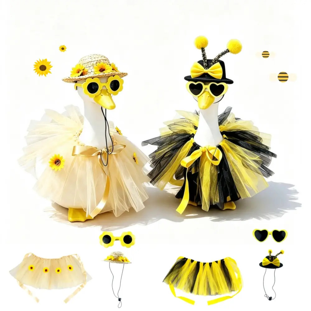 2 Sets Bee and Sunflower Porch Goose Tutu Outfits 2‑Style Tulle Skirt Costume With Sunglasses Hat and Bow Decor Seasonal Yard Decor Clothes Fits 17 Inch & 23 Inch Cement Plastic Lawn Goose Statue Outdoor Goose Figurine Not Included