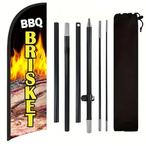 BBQ Brisket Shop Flag, Polyester Advertising Flag with Flag Pole and Ground Stake, Outdoor Promotion Banner Decoration, Yard Sign Banner