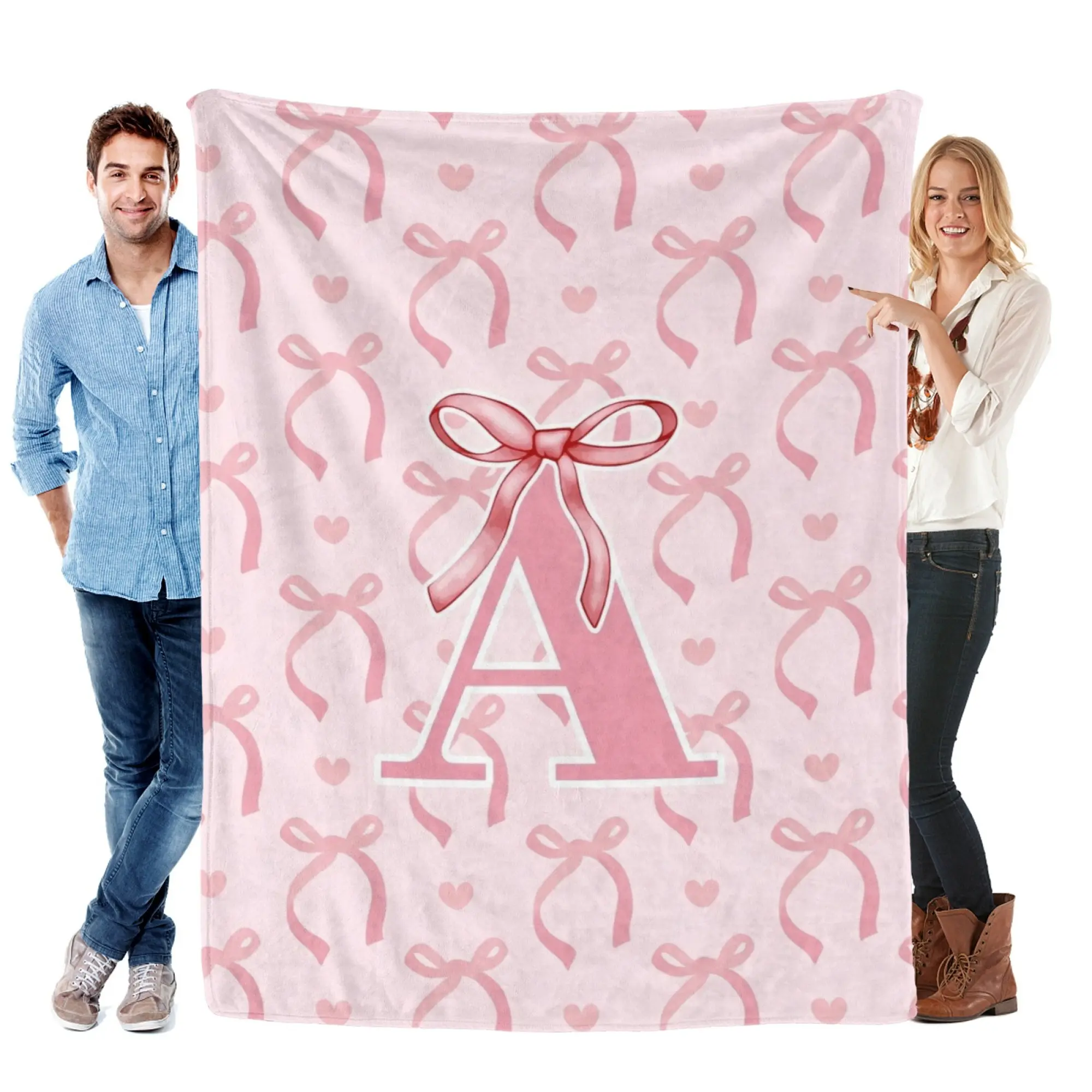 Custom Initial Letter A Throw Blanket Pink Bow Heart Pattern Flannel Blanket, Soft Warm Personalized Monogram Blanket, Versatile Sofa Bed Travel Camping Cover, Cute Custom Name Gift Blanket For Girls Women Birthday Holiday