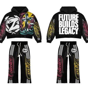 Future Builds Legacy Set - Black Hoodie & Pants with Vibrant Graphics and Distressed Finish Clothes Suits