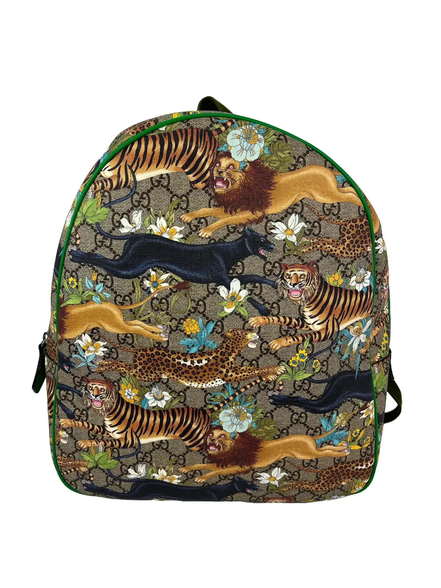 Pre-owned GUCCI canvas Backpacks Kids' Size Dome Backpack GG Monogram, Feline Design, Beige Ebony Multicolor Bright Shamrock, Very Good Condition, Children’s Luggage & Bag