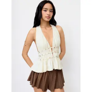 Cider Halter Neckline Ruched Ruffle Hem Top