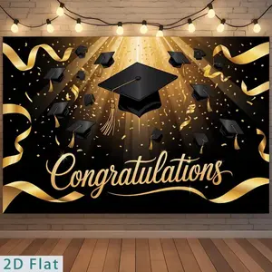 Flat Banner - Reusable Polyester Backdrop with Golden Cap, Confetti Design, Congratulatory Art Print for Graduation, Birthday Party Home & Festive Supplies