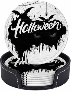 Stylish Round Halloween Ghost Coasters Set of 6 with Storage Box  - Funny Drink Coasters for Coffee Table, Kitchen, Office, Restaurant - Housewarming Gifts