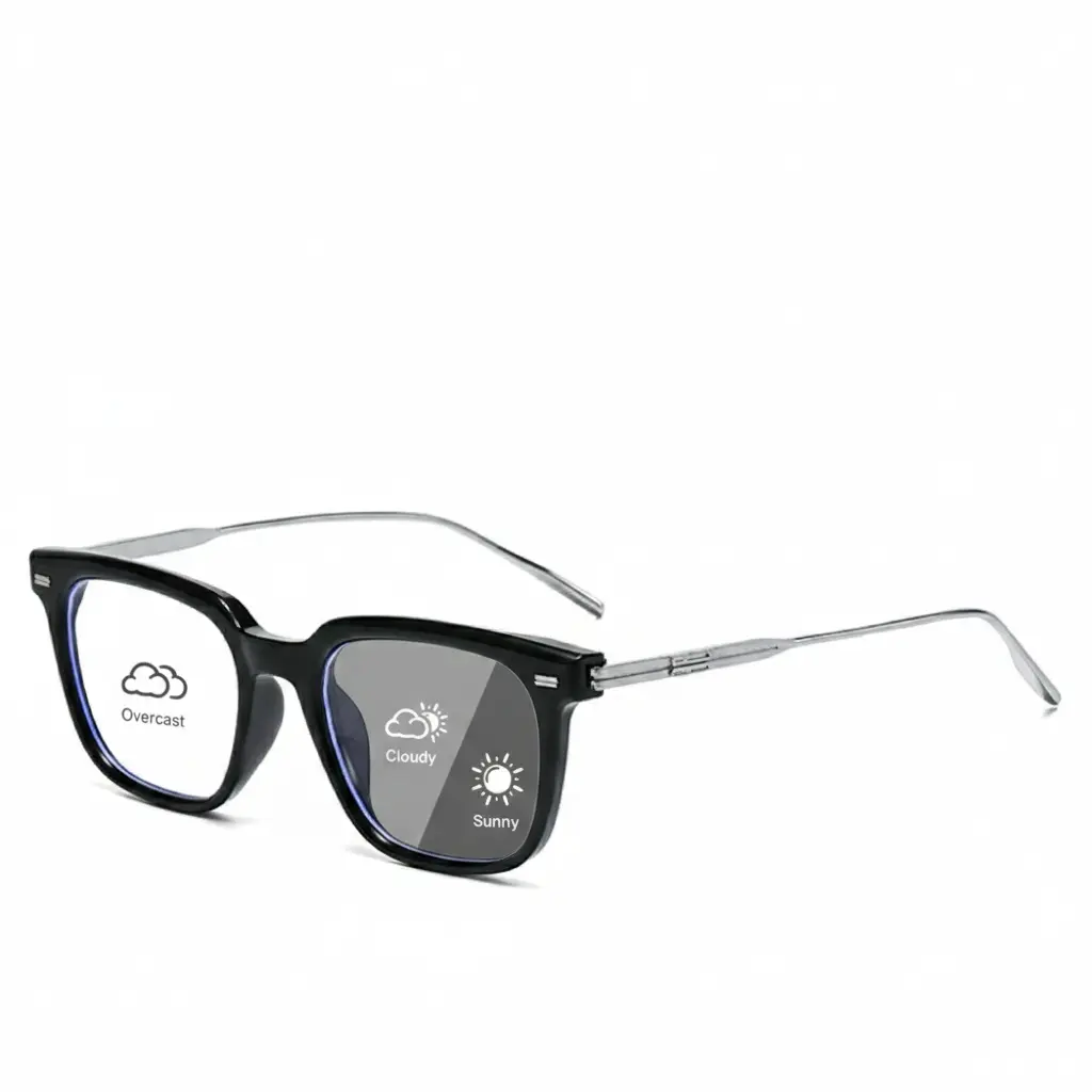 Ferrberty x Lyrasses 2.0 Photochromic Blue Light Glasses, Black Square Flat Durable Unisex Fashion Frames, 98% Blue Light Blocking Anti-Fatigue Lenses, Lightweight for Daily Use, Christmas Perfect Gift