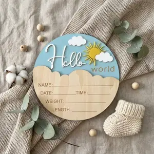 Wooden Baby Birth Memorial Plaque Hello World, Cute Cloud Sun Newborn Photo Prop, Perfect for Baby Party Gift, Home Decor Wood Sign