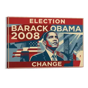 Printed Canvas Art, Retro Pop Art Barack Obama 2008 Election "Change" Poster, Red/Blue/Beige Political Campaign Wall Decor for Home, Office, Living Room, Bedroom