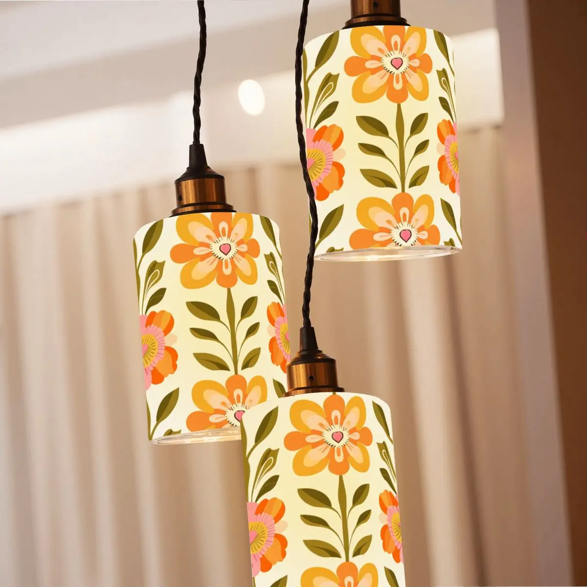 Scandinavian Modern Floral Orange And Green Cylindrical Glass Lampshades