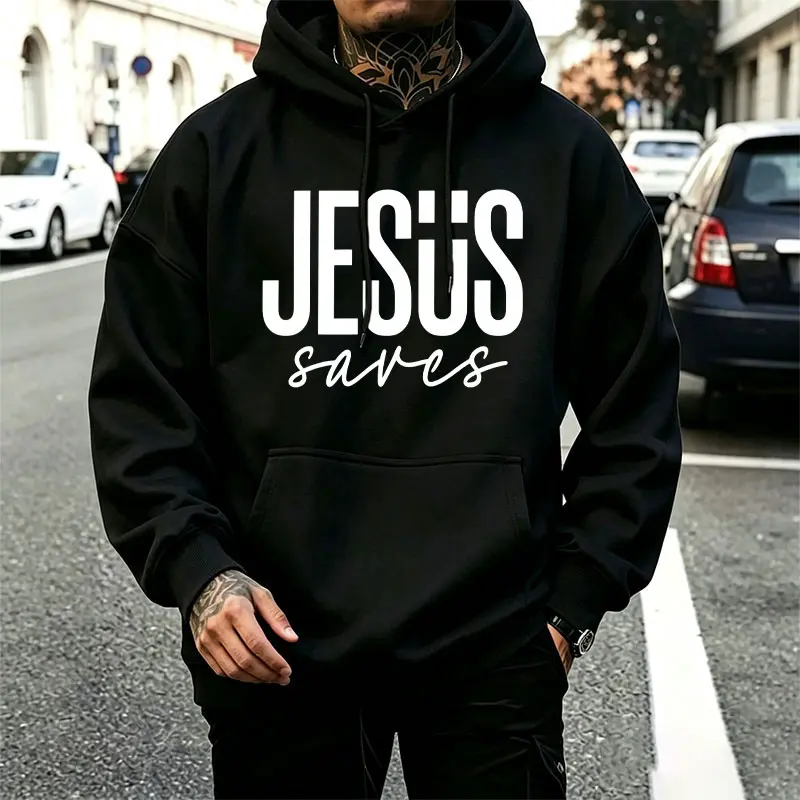 JESUS SAVES hoodie featuring a mix of thick and thin lettering, simple bold + handwritten floral-style text, unisex oversized American-style sweatshirt