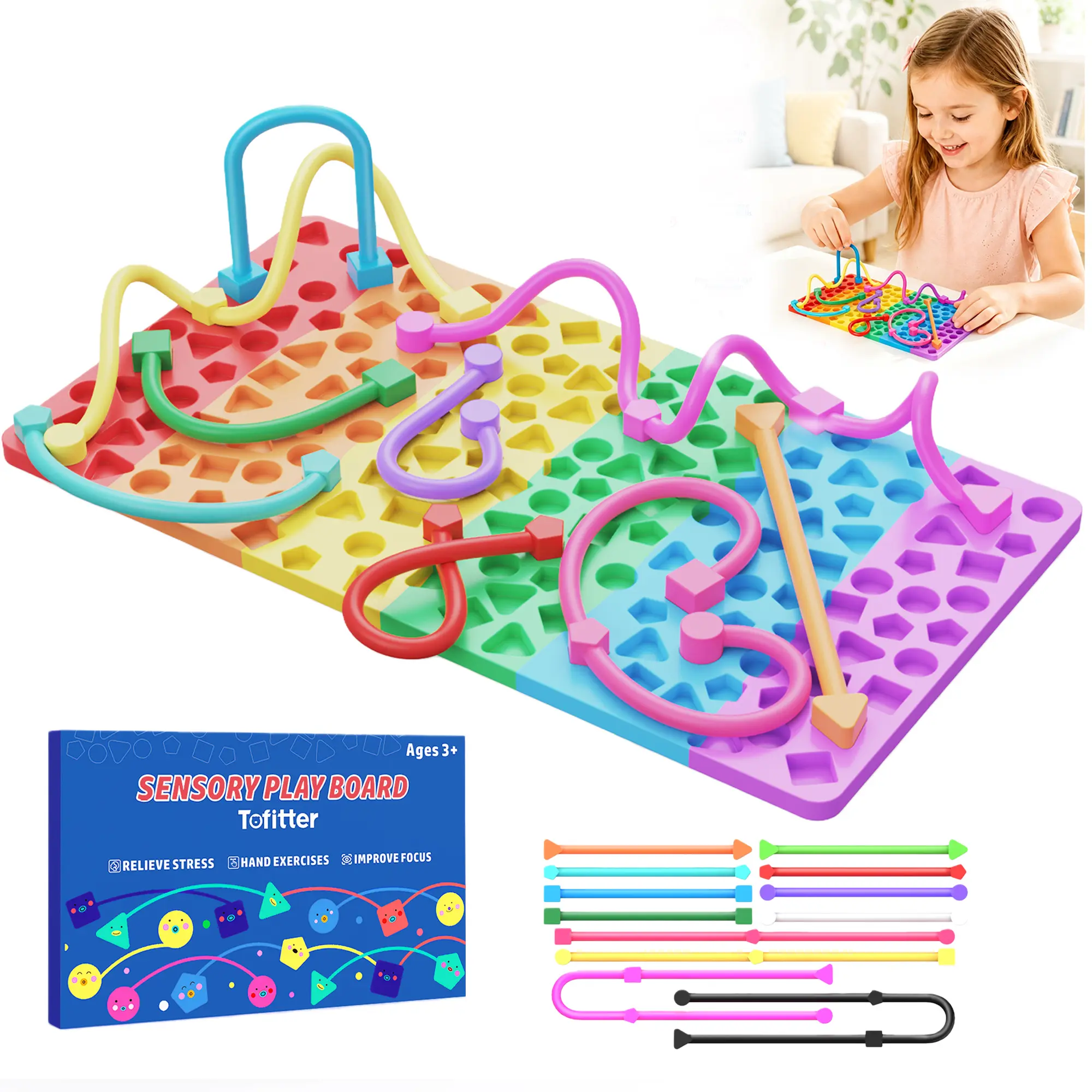 Soft Silicone Geometric Fidget Board Stress Relief Gadget - Quiet Shape Matching Toy with Portable Bag, 12 Strings, Creative Patterns, Fine Motor Skill Development, ADHD Sensory Aid, Calming Sensory Tools, Screen-Free Travel Busy Board for Autism