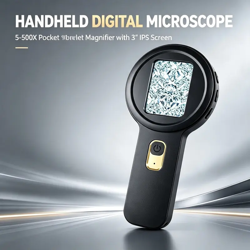 Handheld Digital Microscope, 5-500X Pocket Magnifier with 3" IPS Screen, Dual Lens, 16 Adjustable LED Lights, Rechargeable Portable Microscope for PCB Soldering, Coin Inspection, Kids STEM, Supports 4TB TF Card & PC Connection