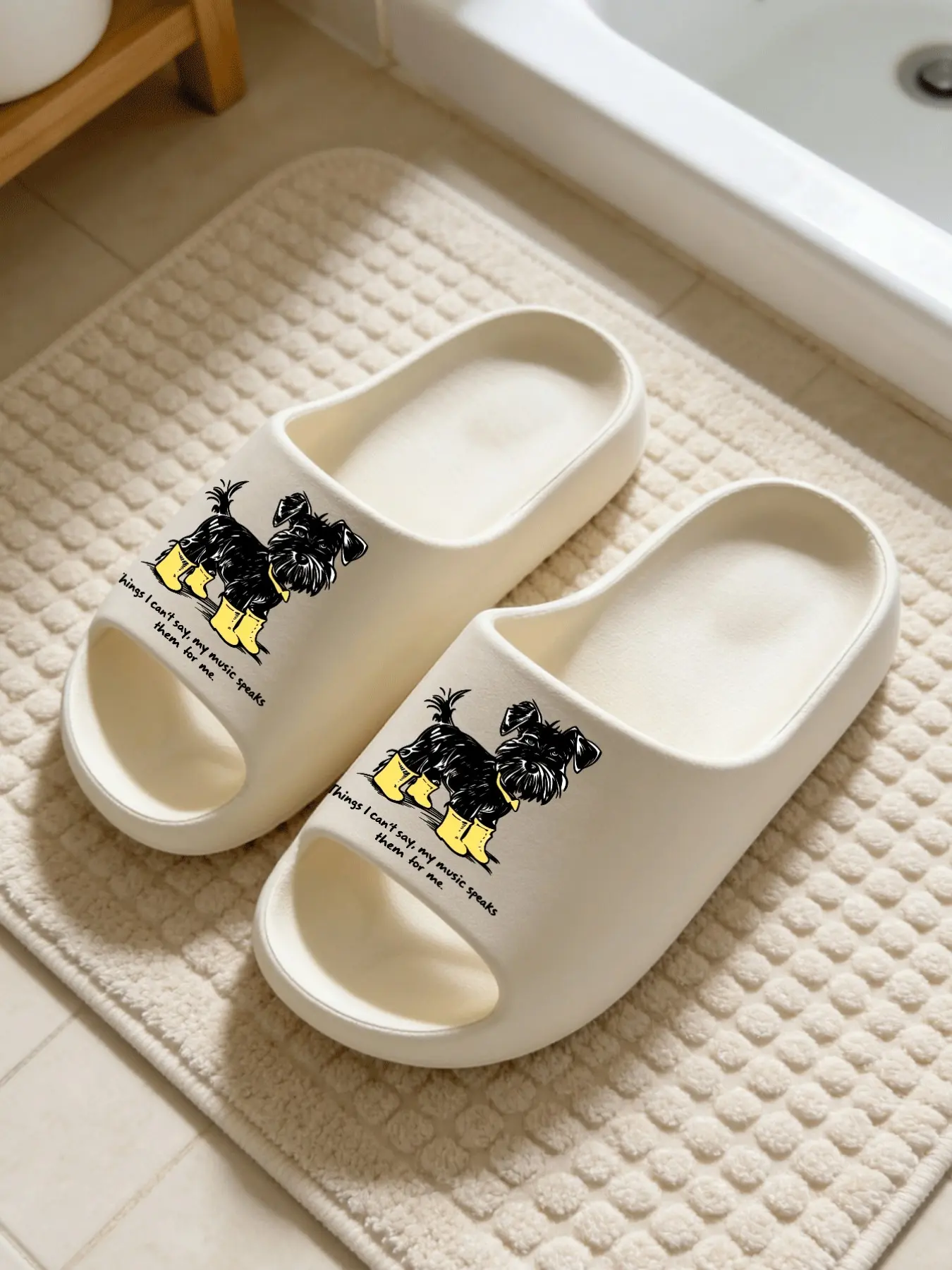 1 Pair Schnauzer Puppy With Yellow Rain Boots Cartoon Printed Thick Sole Slippers, Retro Cool Style, Non-slip Soft Sole, Indoor & Outdoor Dual-use, Open Toe Slides, Casual Slippers