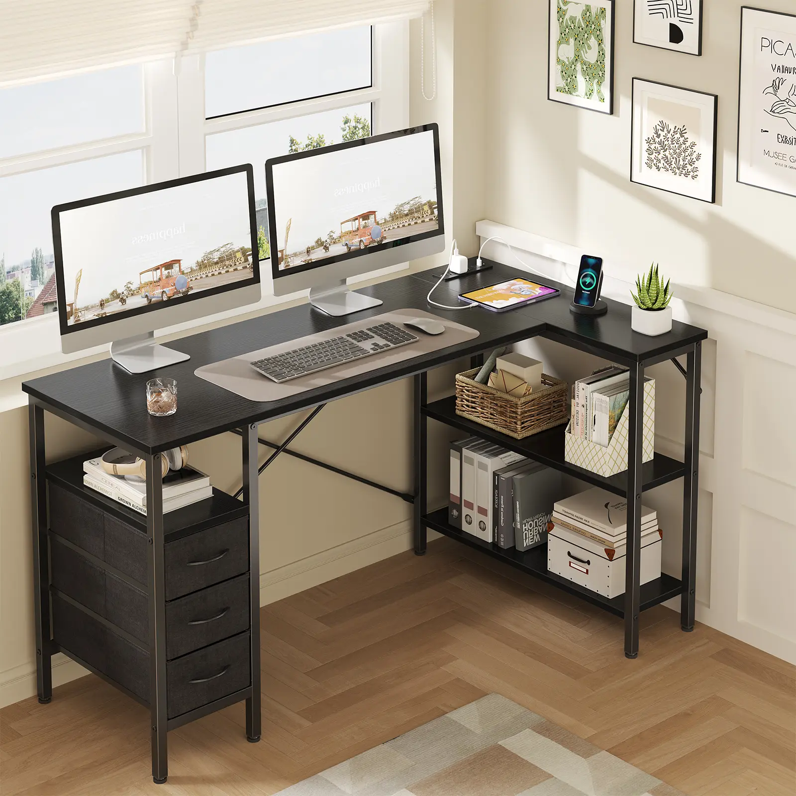 Modern Durable L-Shaped Corner Gaming Desk - Office Furniture with Built-In Armoires, Drawers, Adjustable & Fixed Shelves, Power Outlet, 198 lbs Capacity for Home Office, Apartment Workstations, Desks for Gaming, Gaming Desks